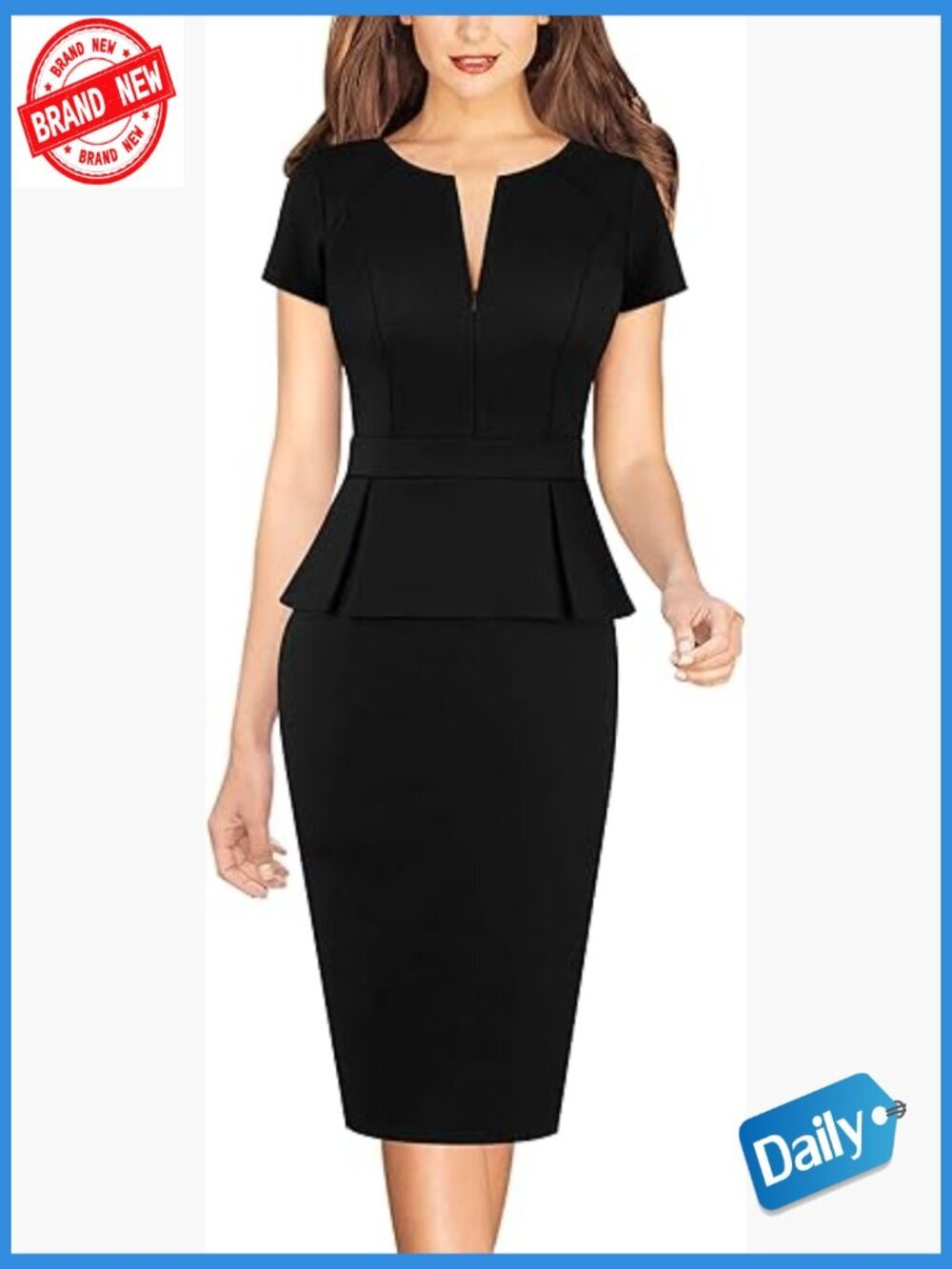 Peplum Bodycon Sheath Dress with Front Zipper Short Sleeve Work Dress